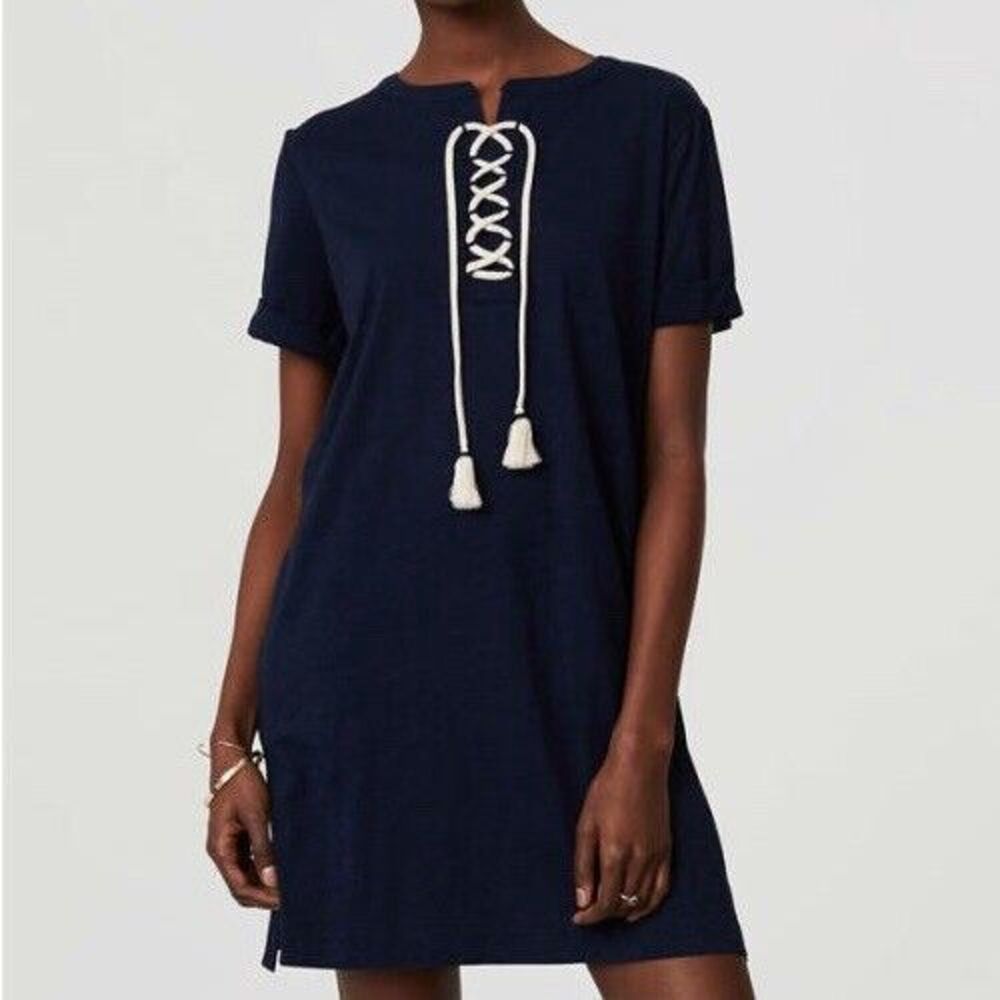 Love Navy Faux Suede Shift Dress Sz L Short Sleeve Lace Up W/ Pockets Front NWOT